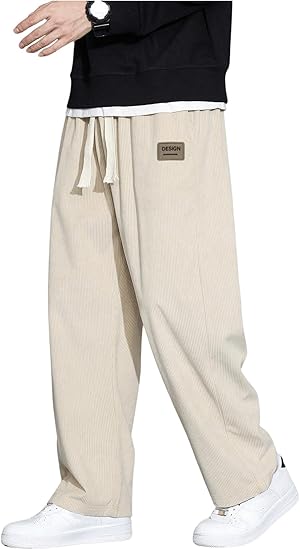 Men's Casual Straight Leg Pants Drawstring Waist Loose Fit Trousers with Pockets