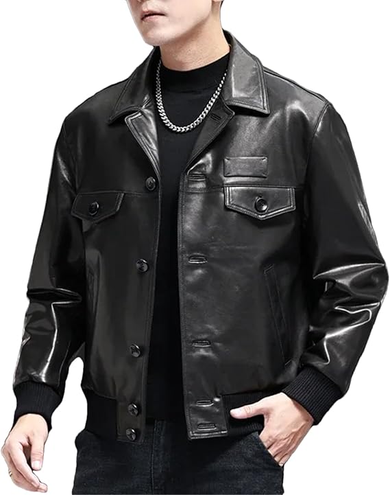 Men’s Natural Sheepskin Leather Jacket Cool Weather Business Casual Slim Coat