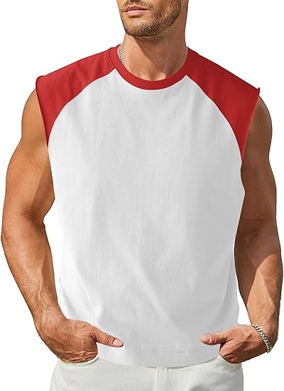 Men's Casual Raglan Sleeve Vest Sleeveless Round Neck T-Shirt Color Block T-Shirt