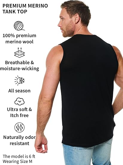 Wool Tank Top Men - Active Merino Wool Undershirt Moisture Wicking Breathable Anti-Odor Lightweight Base Layer