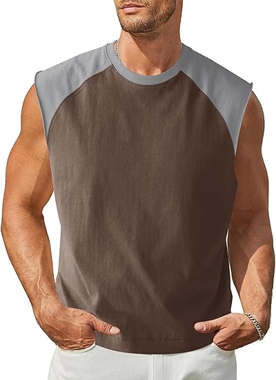 Men's Casual Raglan Sleeve Vest Sleeveless Round Neck T-Shirt Color Block T-Shirt