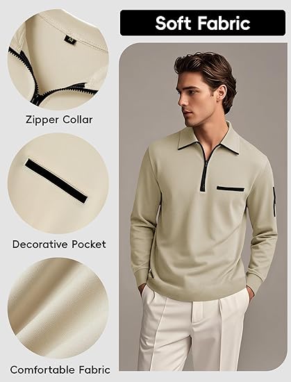 Men's Long Sleeve Polo Shirt Quarter Zip Pullover Slim Fit Casual Fashion Golf Collar Shirt for Men with Pockets