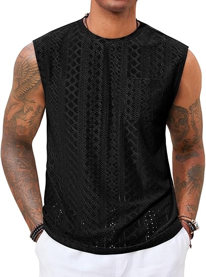 Men's Sleeveless Tank Top Casual Hollow Knit T-Shirt Beach Summer Hippie Top with Pockets