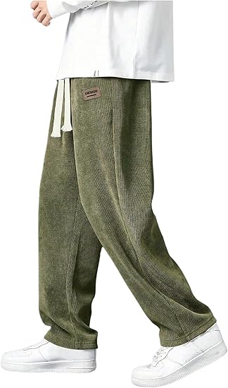 Men's Casual Straight Leg Pants Drawstring Waist Loose Fit Trousers with Pockets