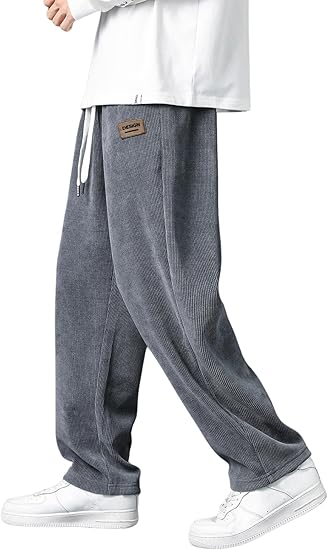 Men's Casual Straight Leg Pants Drawstring Waist Loose Fit Trousers with Pockets