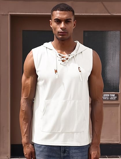 Men's Sleeveless Hooded Tank Top Pullover Cut Off Shirts with Pocket Hoodies Tank Tops Vest Casual Workout
