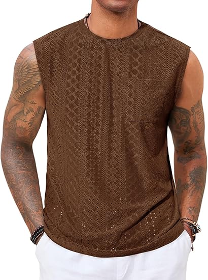 Men's Sleeveless Tank Top Casual Hollow Knit T-Shirt Beach Summer Hippie Top with Pockets