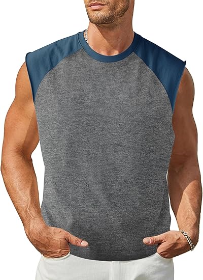 Men's Casual Raglan Sleeve Vest Sleeveless Round Neck T-Shirt Color Block T-Shirt