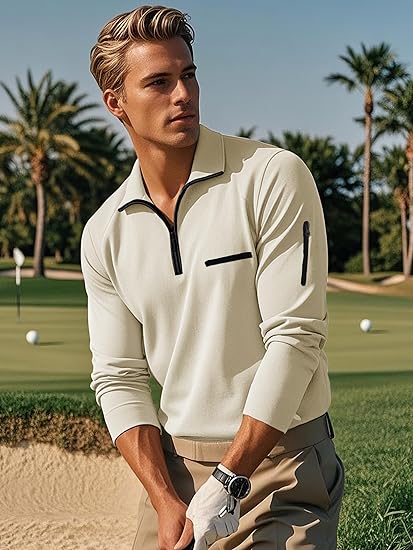 Men's Long Sleeve Polo Shirt Quarter Zip Pullover Slim Fit Casual Fashion Golf Collar Shirt for Men with Pockets