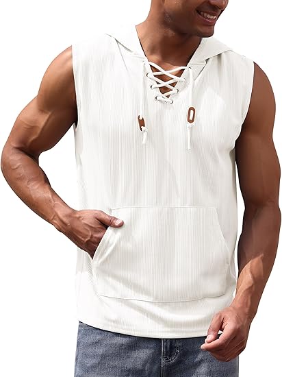 Men's Sleeveless Hooded Tank Top Pullover Cut Off Shirts with Pocket Hoodies Tank Tops Vest Casual Workout