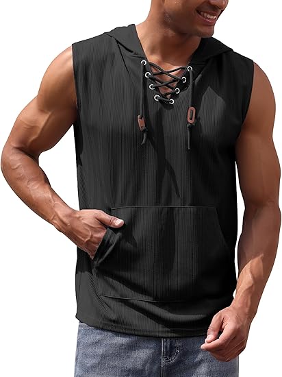 Men's Sleeveless Hooded Tank Top Pullover Cut Off Shirts with Pocket Hoodies Tank Tops Vest Casual Workout