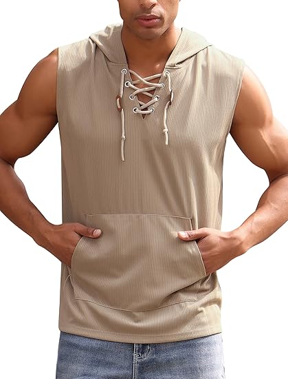Men's Sleeveless Hooded Tank Top Pullover Cut Off Shirts with Pocket Hoodies Tank Tops Vest Casual Workout