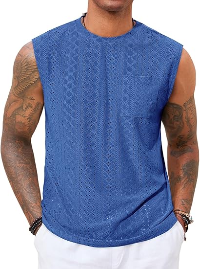 Men's Sleeveless Tank Top Casual Hollow Knit T-Shirt Beach Summer Hippie Top with Pockets