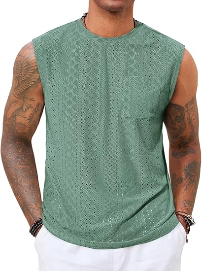 Men's Sleeveless Tank Top Casual Hollow Knit T-Shirt Beach Summer Hippie Top with Pockets