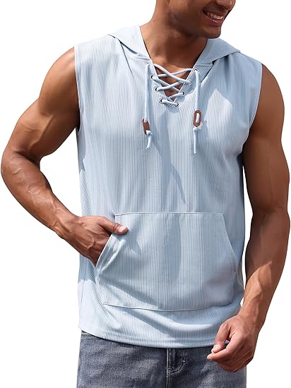 Men's Sleeveless Hooded Tank Top Pullover Cut Off Shirts with Pocket Hoodies Tank Tops Vest Casual Workout