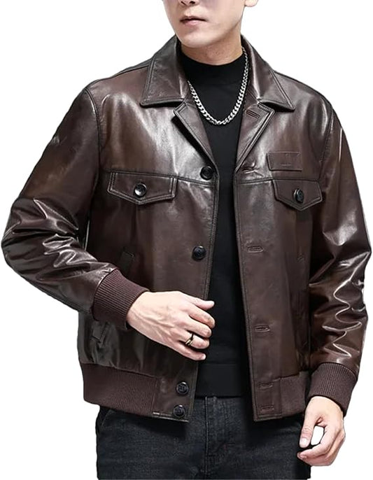 Men’s Natural Sheepskin Leather Jacket Cool Weather Business Casual Slim Coat