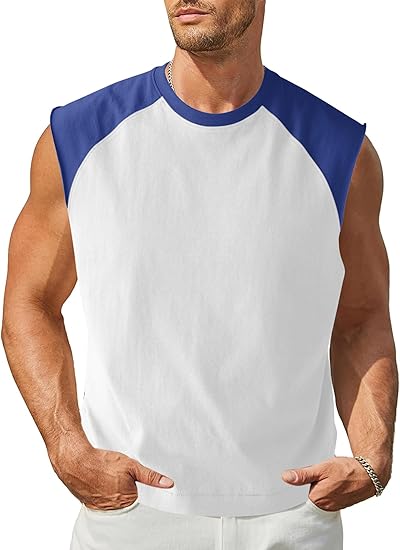 Men's Casual Raglan Sleeve Vest Sleeveless Round Neck T-Shirt Color Block T-Shirt