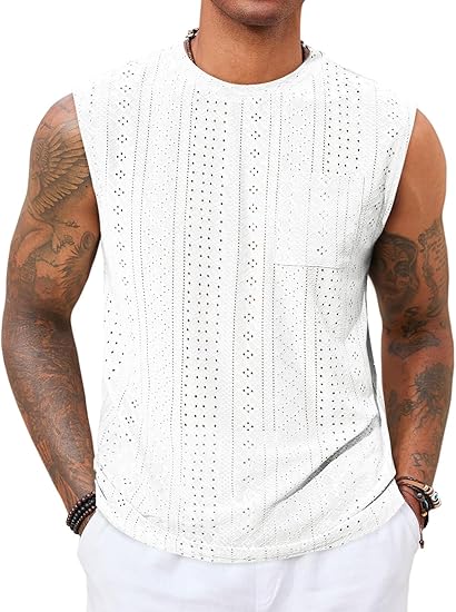 Men's Sleeveless Tank Top Casual Hollow Knit T-Shirt Beach Summer Hippie Top with Pockets
